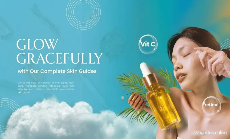 Skin Guides banner with woman applying facial mist next to vitamin C and retinol serum, representing complete skincare guides