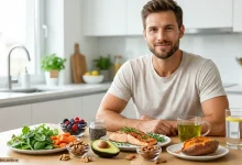 A smiling healthy man sits at a kitchen table with a spread of healthy foods, including salmon, salad, nuts, and berries.
