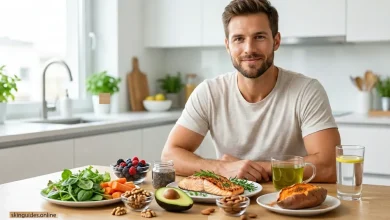 A smiling healthy man sits at a kitchen table with a spread of healthy foods, including salmon, salad, nuts, and berries.