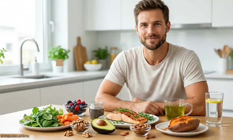 A smiling healthy man sits at a kitchen table with a spread of healthy foods, including salmon, salad, nuts, and berries.