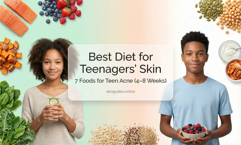 Best diet for teenagers’ skin featured image showing a smiling teen with acne-friendly foods like salmon, berries, sweet potato, leafy greens, pumpkin seeds, yogurt and whole grains for teen acne improvement in 4–8 weeks