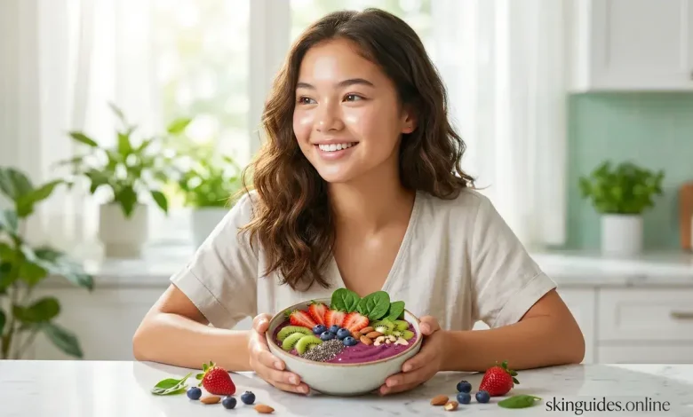 Smiling teenage girl with clear skin holding a colorful smoothie bowl topped with berries, kiwi, spinach, nuts and seeds, representing the best diet for teenager's skin