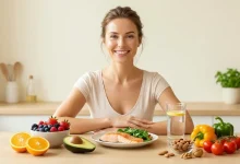 A smiling woman sitting at a kitchen table in front of a spread of healthy foods, including grilled salmon, fresh berries, oranges, avocado, nuts, colorful vegetables, and lemon water.