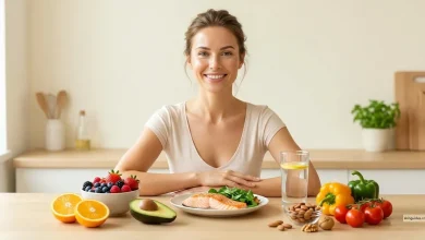 A smiling woman sitting at a kitchen table in front of a spread of healthy foods, including grilled salmon, fresh berries, oranges, avocado, nuts, colorful vegetables, and lemon water.