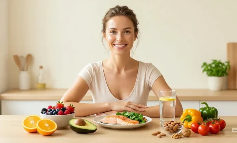 A smiling woman sitting at a kitchen table in front of a spread of healthy foods, including grilled salmon, fresh berries, oranges, avocado, nuts, colorful vegetables, and lemon water.