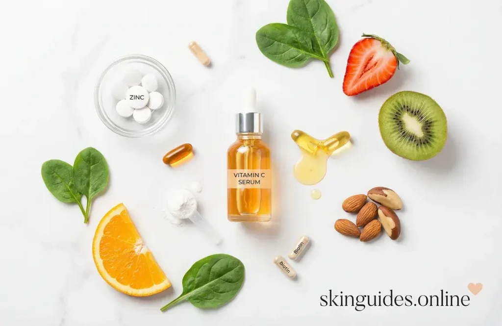 Best vitamins for glowing skin: vitamin C serum, vitamin E, omega-3, zinc, niacinamide, biotin and fresh fruits – skinguides.online