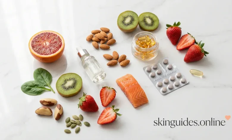 Best vitamins for skin health 2026: vitamin C serum, fresh fruits, salmon, almonds, supplements on luxury white marble – skinguides.online