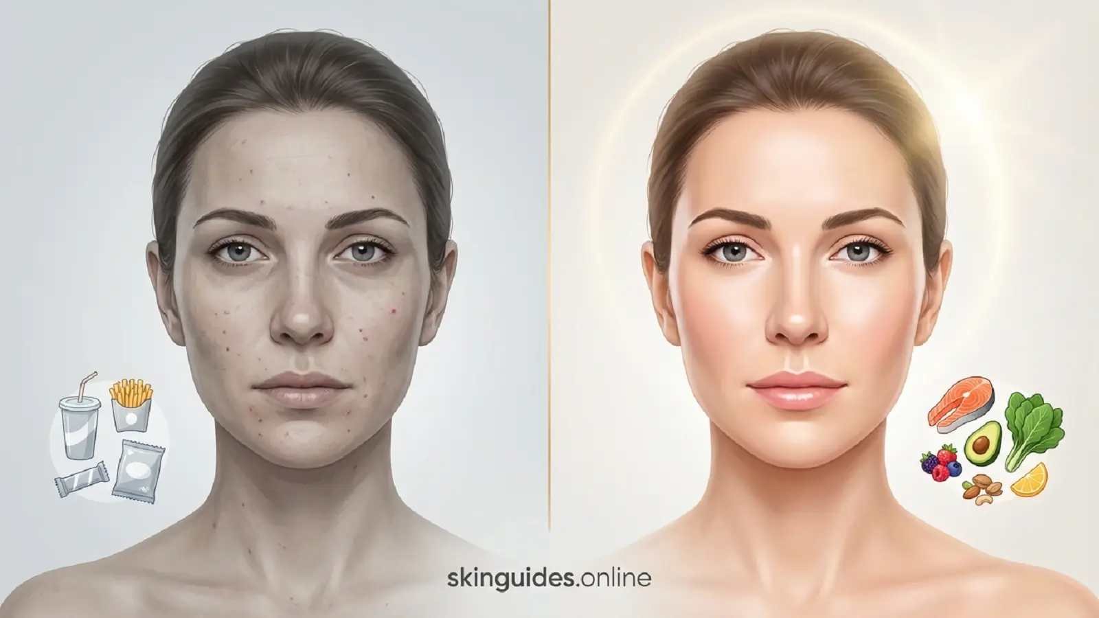 Before-and-after comparison showing effects of poor diet vs healthy diet on women’s skin