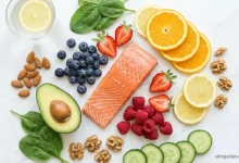 Flat lay of skin‑healthy foods salmon, avocado, berries, citrus, nuts, spinach, cucumber and lemon water showing a balanced glowing‑skin diet.