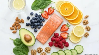 Flat lay of skin‑healthy foods salmon, avocado, berries, citrus, nuts, spinach, cucumber and lemon water showing a balanced glowing‑skin diet.