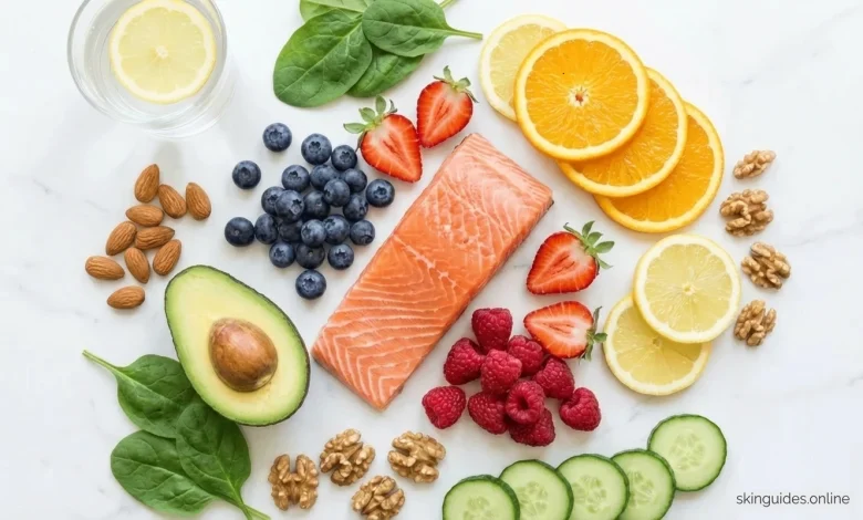 Flat lay of skin‑healthy foods salmon, avocado, berries, citrus, nuts, spinach, cucumber and lemon water showing a balanced glowing‑skin diet.