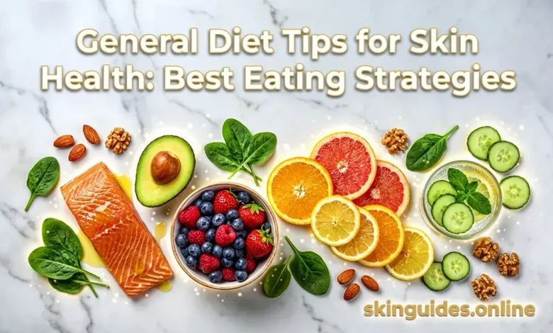 Healthy foods for skin health including salmon, avocado, berries and citrus