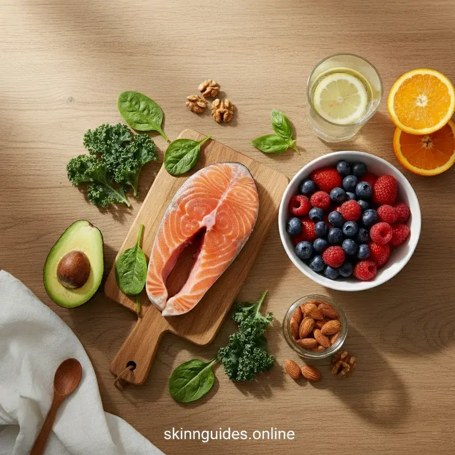 Healthy foods for glowing skin including berries, avocado, leafy greens, salmon, and nuts arranged on wooden table