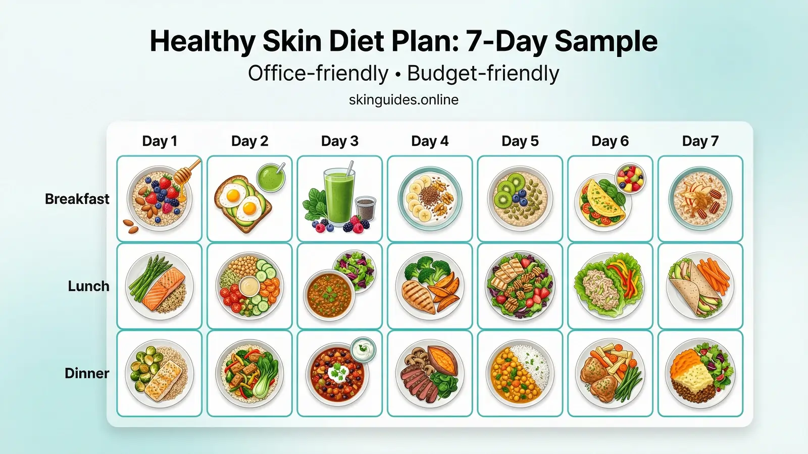 7-day healthy skin diet plan for men infographic with a weekly grid for breakfast, lunch, and dinner featuring skin-friendly foods