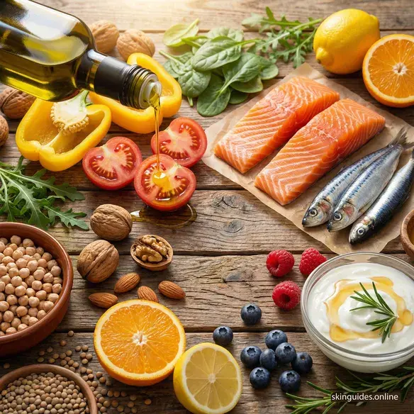 Vibrant Mediterranean diet superfoods for glowing, younger-looking skin: olive oil, salmon, nuts, colorful vegetables, berries, and yogurt arranged on a rustic table | skinguides.online