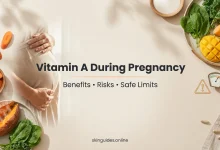 Vitamin A during pregnancy featured image showing a pregnant belly with beta-carotene foods like carrots and sweet potato, highlighting benefits, risks and safe limits