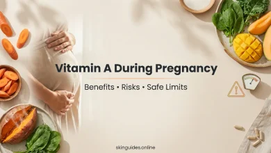 Vitamin A during pregnancy featured image showing a pregnant belly with beta-carotene foods like carrots and sweet potato, highlighting benefits, risks and safe limits