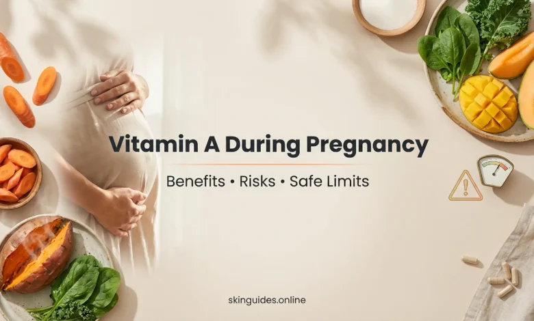 Vitamin A during pregnancy featured image showing a pregnant belly with beta-carotene foods like carrots and sweet potato, highlighting benefits, risks and safe limits