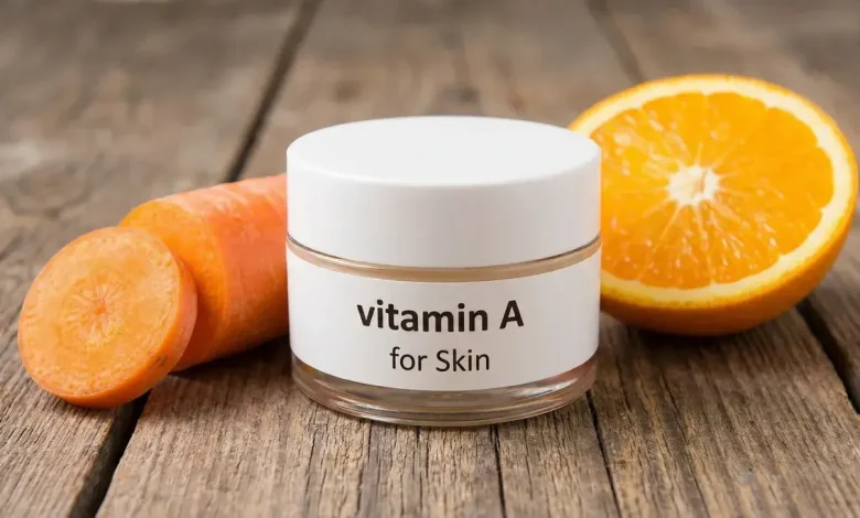 Luxury vitamin A retinol serum flat-lay with amber dropper bottle, golden oil droplets, raw carrot pieces, dried rose petals and capsules on soft beige background – skinguides.online