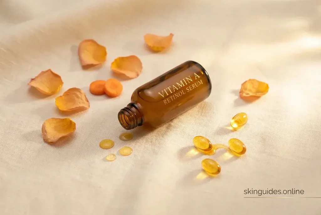 Luxurious vitamin A retinol serum in amber dropper bottle with golden oil spilling out, fresh carrot pieces, open soft-gel capsules, and dried apricot rose petals on creamy beige linen – skinguides.online