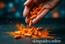Close-up of vitamin A capsules spilling and bursting with bright orange powder onto cracked, dry skin – symbolizing vitamin A toxicity symptoms. skinguides.online