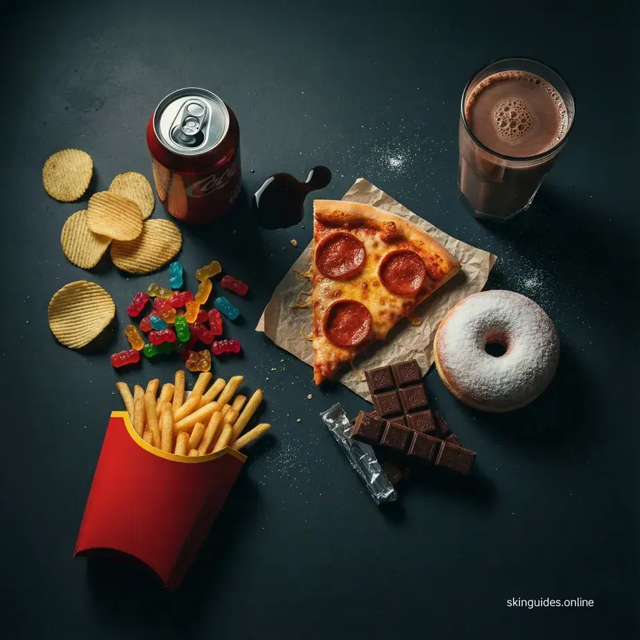 Assortment of junk foods including pizza, fries, chips, gummy candies, donut, chocolate bar, soda and chocolate milk on a dark background, showing the worst foods that can sabotage the best diet for teenager's skin