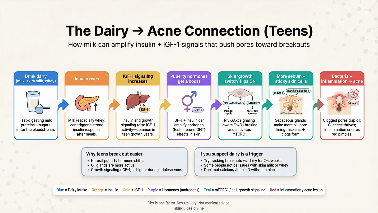 How dairy products trigger teen acne - scientific pathways infographic