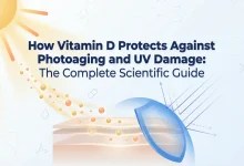Featured image for How Vitamin D Protects Against Photoaging and UV Damage: The Complete Scientific Guide, showing sun-derived vitamin D particles, a protective UV shield, and a healthy skin cross-section in a clean scientific design.