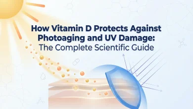 Featured image for How Vitamin D Protects Against Photoaging and UV Damage: The Complete Scientific Guide, showing sun-derived vitamin D particles, a protective UV shield, and a healthy skin cross-section in a clean scientific design.