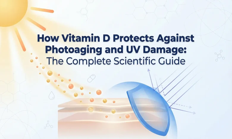 Featured image for How Vitamin D Protects Against Photoaging and UV Damage: The Complete Scientific Guide, showing sun-derived vitamin D particles, a protective UV shield, and a healthy skin cross-section in a clean scientific design.