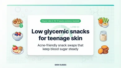 Low glycemic snacks for teenage skin featured image with acne-friendly snack icons and Skin Guides branding