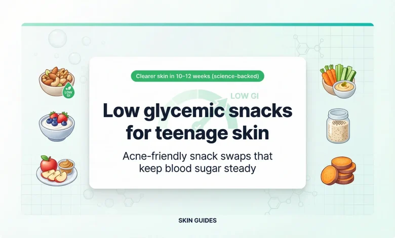 Low glycemic snacks for teenage skin featured image with acne-friendly snack icons and Skin Guides branding