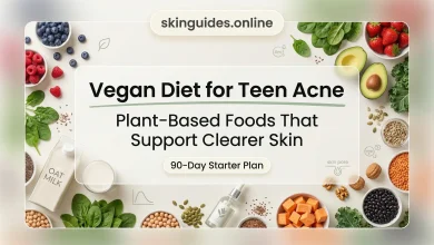 Vegan diet for teen acne featured image with plant-based foods supporting clearer skin, skinguides.online