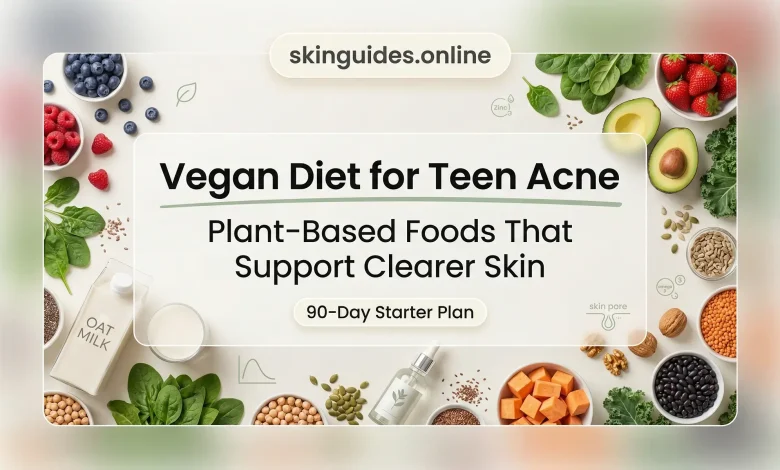 Vegan diet for teen acne featured image with plant-based foods supporting clearer skin, skinguides.online