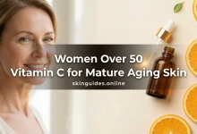 Vitamin C for mature aging skin guide for women over 50 with serum bottle and mature woman portrait