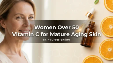 Vitamin C for mature aging skin guide for women over 50 with serum bottle and mature woman portrait