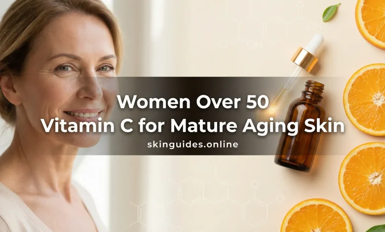 Vitamin C for mature aging skin guide for women over 50 with serum bottle and mature woman portrait