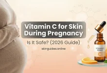 Vitamin C serum skincare featured image for pregnancy safety guide 2026, showing a dropper bottle with orange slices and soft maternity silhouette, skinguides.online branding
