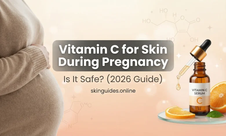Vitamin C serum skincare featured image for pregnancy safety guide 2026, showing a dropper bottle with orange slices and soft maternity silhouette, skinguides.online branding