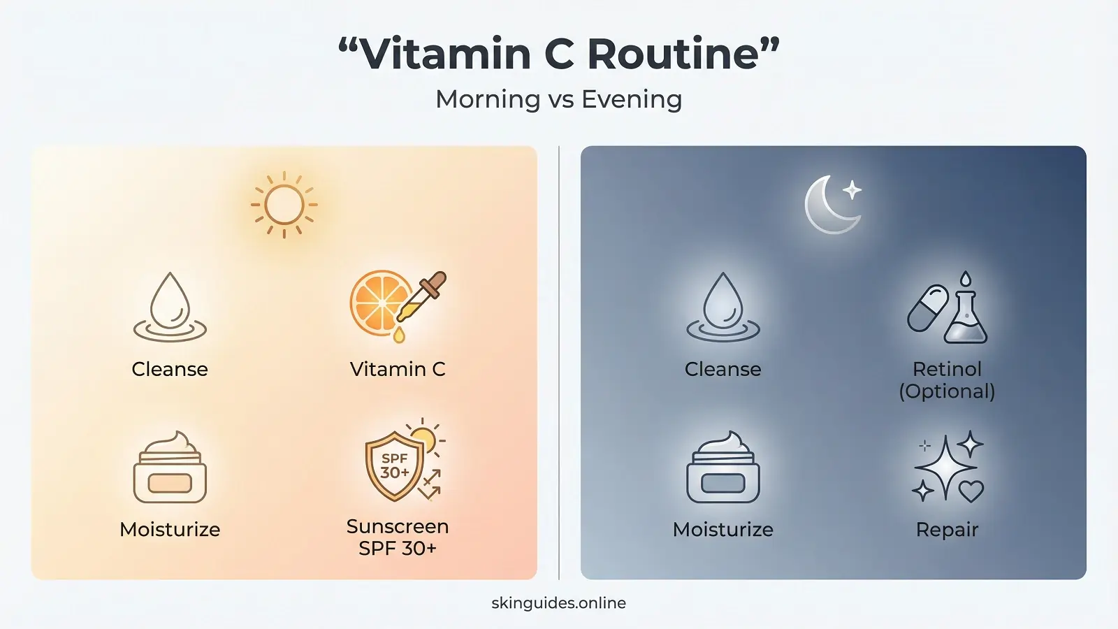 Morning vs evening vitamin C skincare routine steps: cleanse, vitamin C, moisturize, sunscreen; night cleanse, retinol optional, moisturize, repair