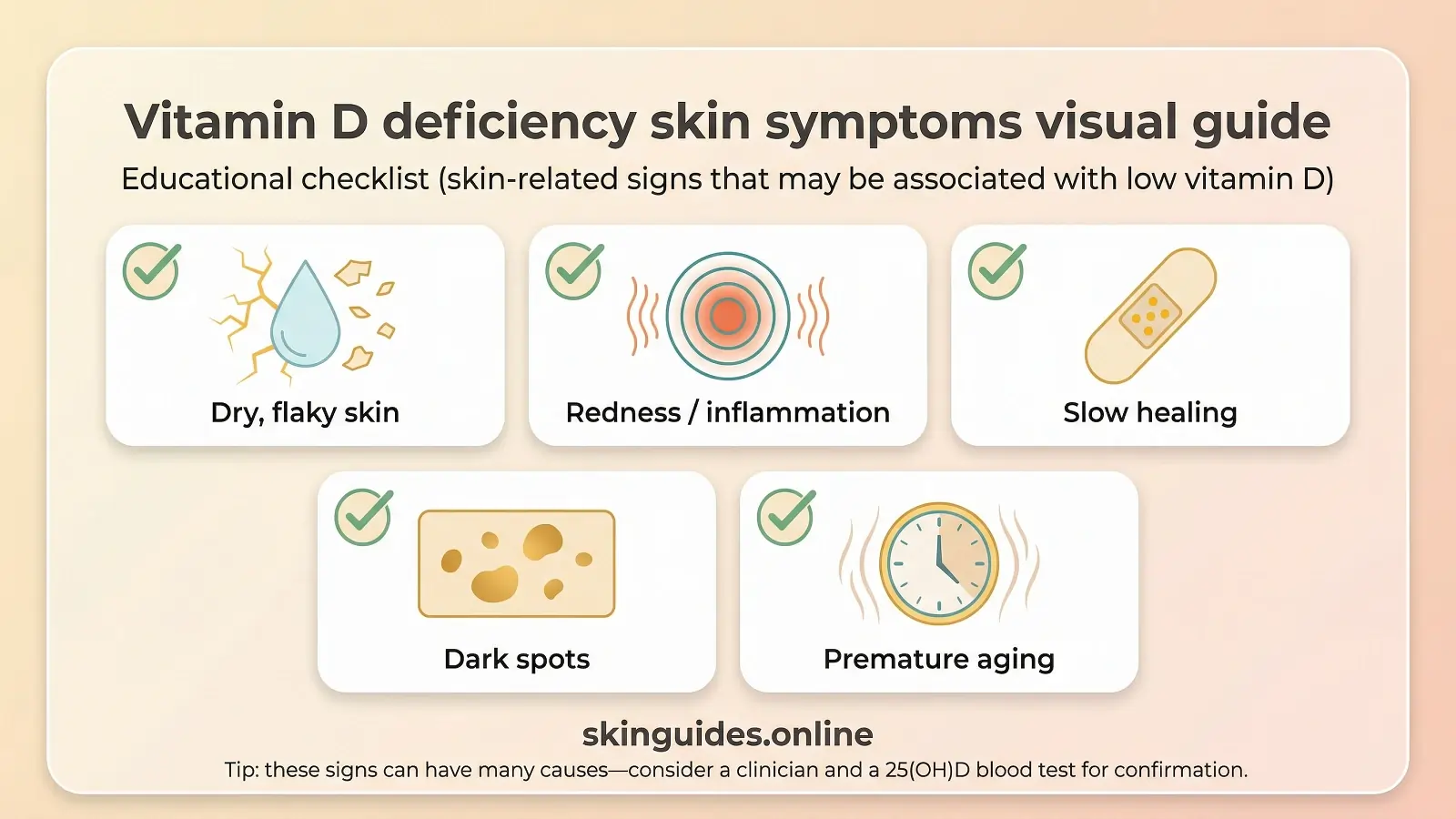 Visual checklist of vitamin D deficiency skin symptoms dry flaky skin, redness/inflammation, slow healing, dark spots, and premature aging branded skinguides.online.