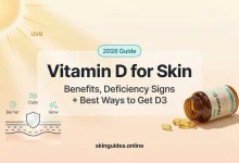 Featured image for skinguides.online showing sun/UVB light, Vitamin D3 supplement capsules, and a skin barrier graphic, highlighting vitamin D for skin benefits, deficiency signs and ways to get D3 (2026 guide)