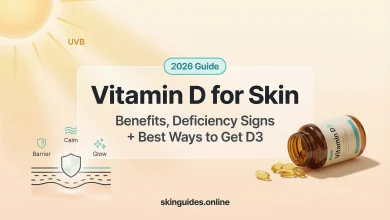 Featured image for skinguides.online showing sun/UVB light, Vitamin D3 supplement capsules, and a skin barrier graphic, highlighting vitamin D for skin benefits, deficiency signs and ways to get D3 (2026 guide)
