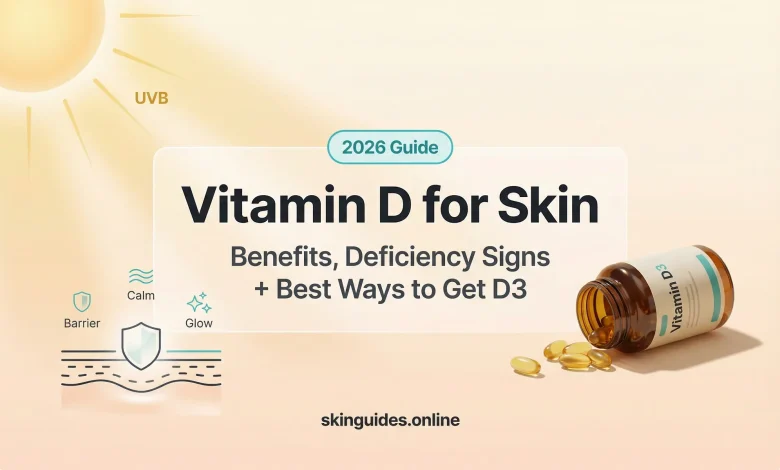 Featured image for skinguides.online showing sun/UVB light, Vitamin D3 supplement capsules, and a skin barrier graphic, highlighting vitamin D for skin benefits, deficiency signs and ways to get D3 (2026 guide)