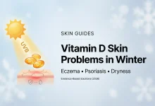 Vitamin D Skin Problems in Winter infographic featured image with UVB sunlight, vitamin D3 capsules, and a dry skin barrier illustration for winter eczema and psoriasis.