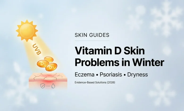 Vitamin D Skin Problems in Winter infographic featured image with UVB sunlight, vitamin D3 capsules, and a dry skin barrier illustration for winter eczema and psoriasis.