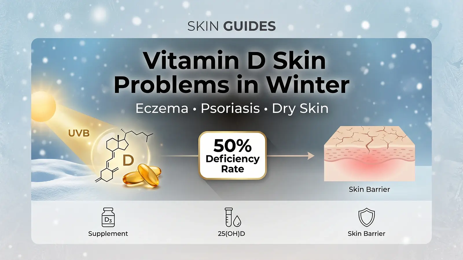Infographic showing vitamin D skin problems in winter including deficiency statistics, skin barrier breakdown, and supplementation solutions for eczema and psoriasis