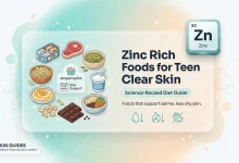 Zinc rich foods for teen clear skin—science-backed visual guide showing zinc-rich foods like oysters, beef, pumpkin seeds, chickpeas, cashews, Greek yogurt, dark chocolate, quinoa, and lentils.