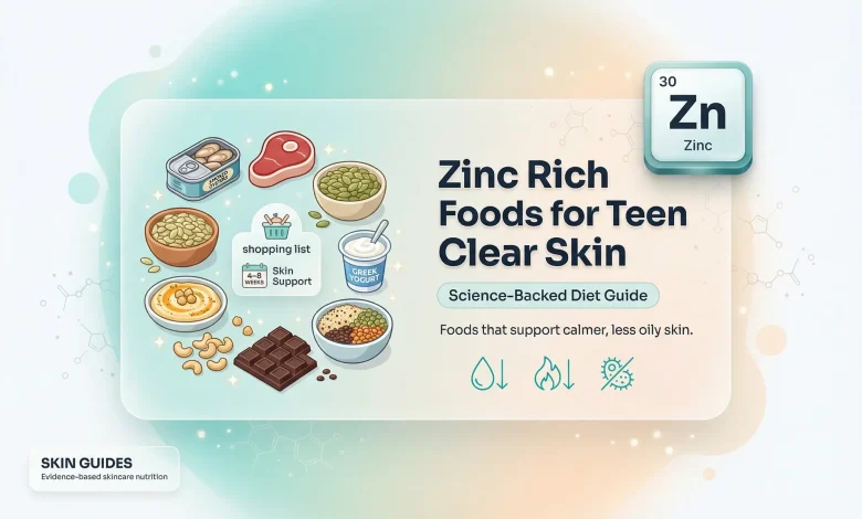 Zinc rich foods for teen clear skin—science-backed visual guide showing zinc-rich foods like oysters, beef, pumpkin seeds, chickpeas, cashews, Greek yogurt, dark chocolate, quinoa, and lentils.
